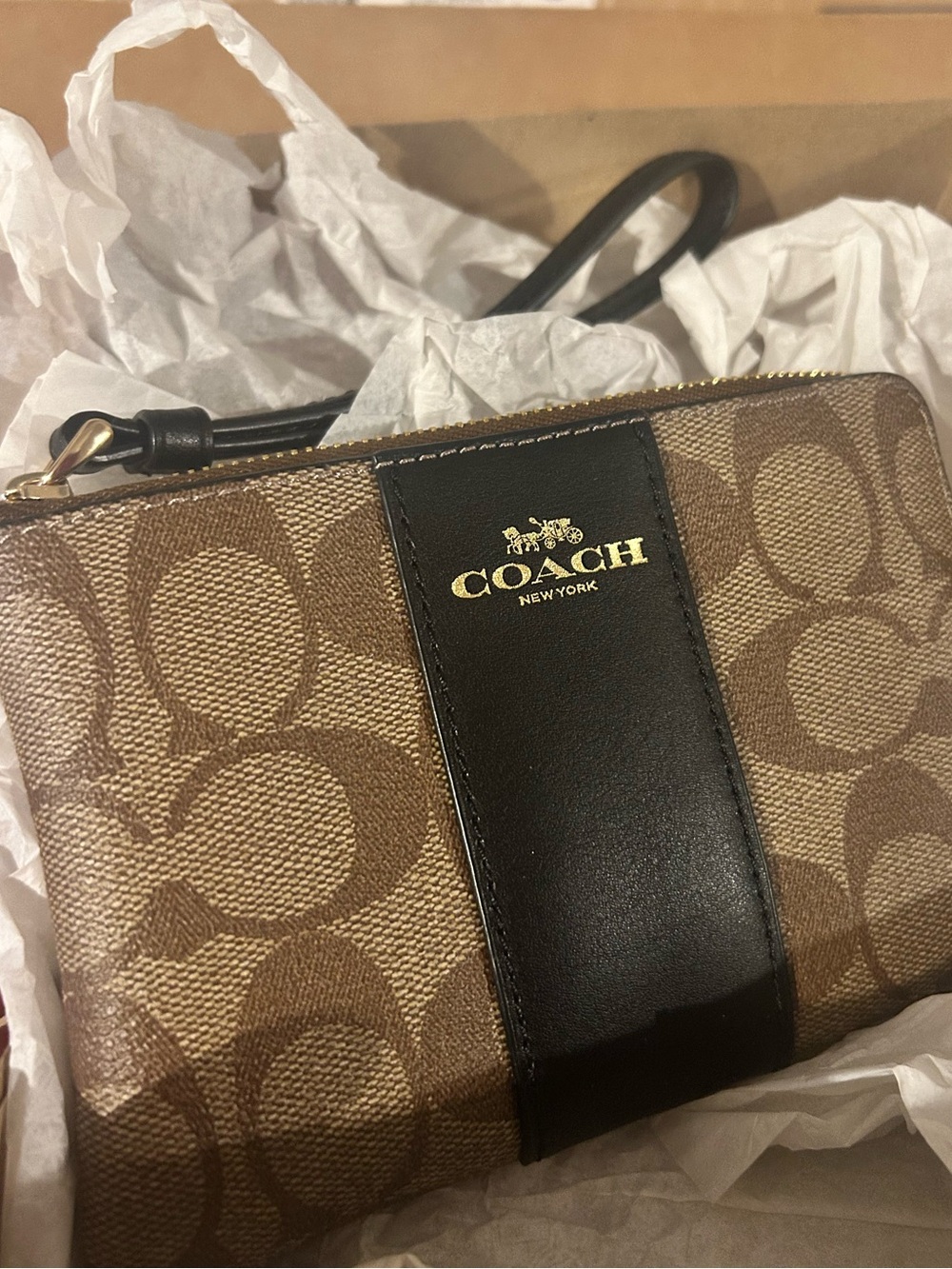 Coach Brown Signature Canvas Wristlet with Black Leather Stripe